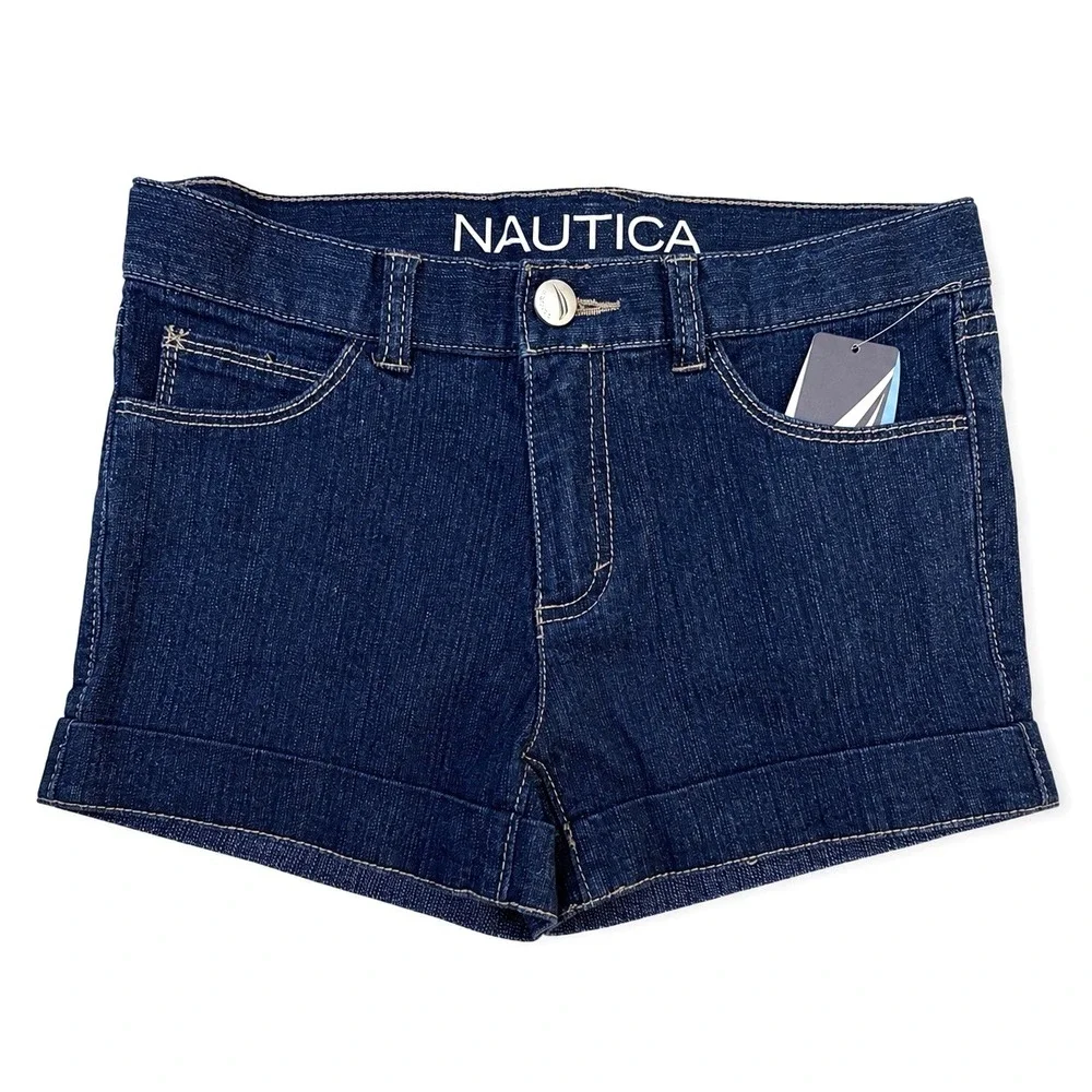 Nautica Girls Denim Shorts Size 10 Dark Indigo Cuffed Stretch Coastal Prep NWT